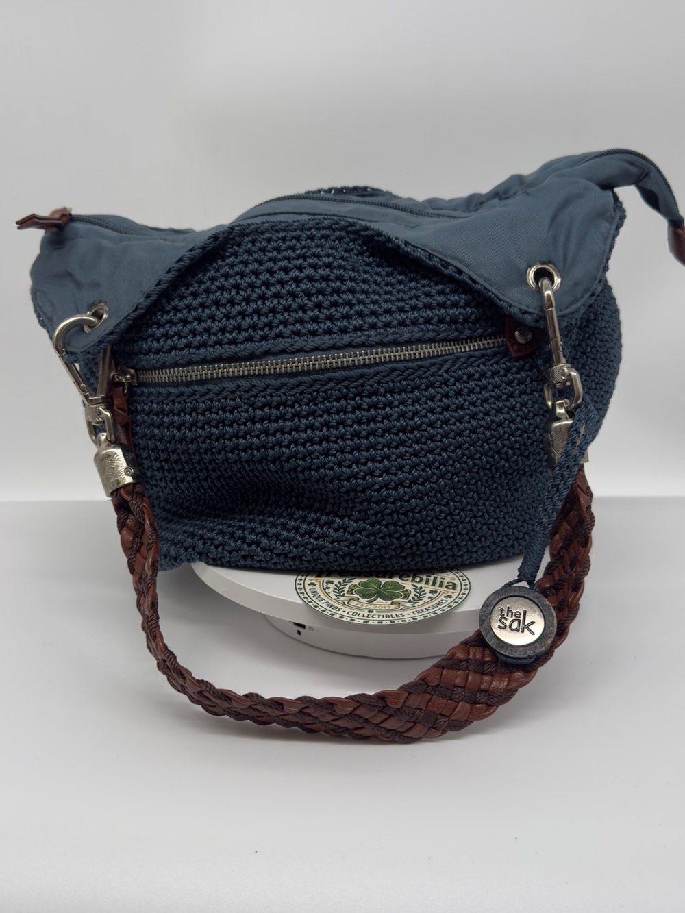 The Sak Navy Crochet & Nylon Shoulder Bag with Braided Brown Strap sale